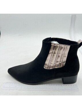 Womens Ankle Boots Pointed Toe Chunky Heeled Suede Leather Booties Black Gold